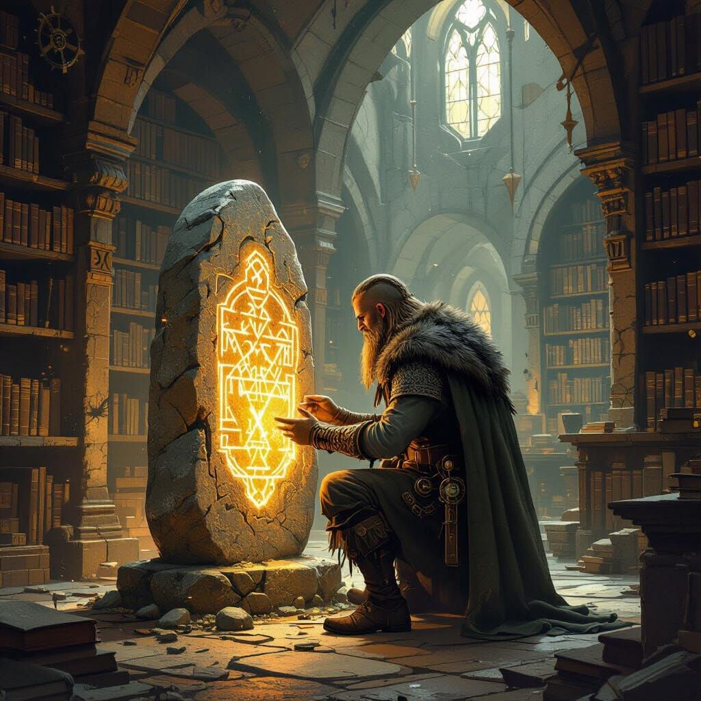 Viking Scholar Studies Glowing Runestone in Steampunk Librar...