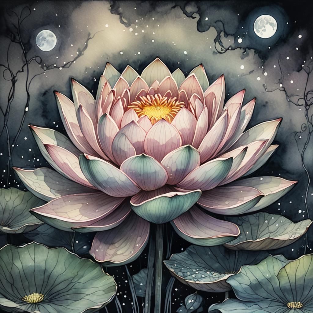 Luminescent Lotus Flower in Ink Wash Painting