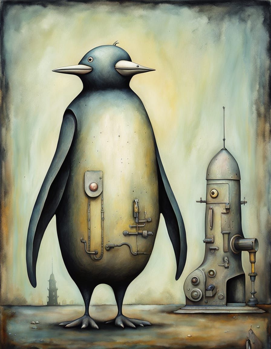 Mechanical Penguin Painting in Surreal Shaun Tan Style