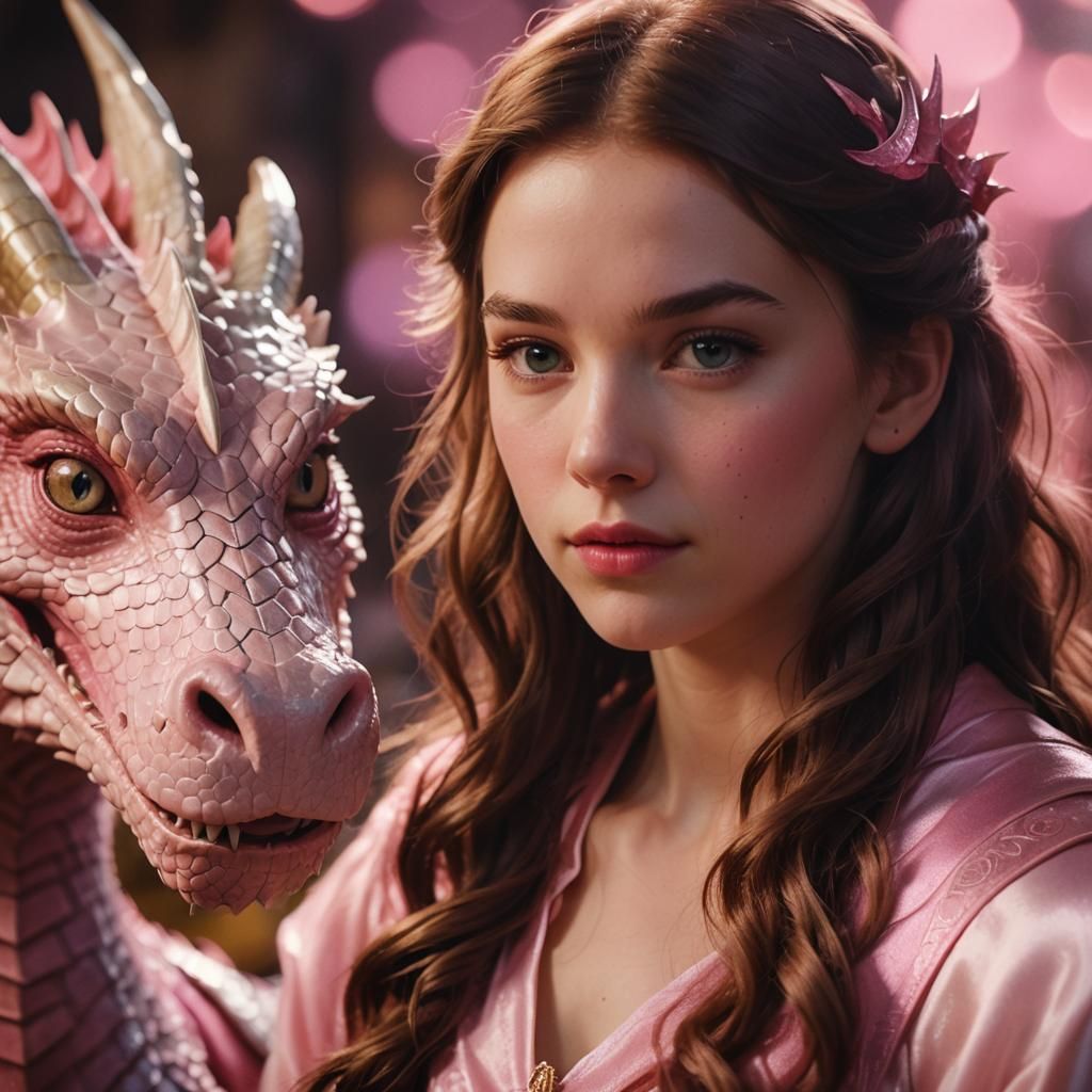 Girl and Pink Dragon in Cinematic Film Still