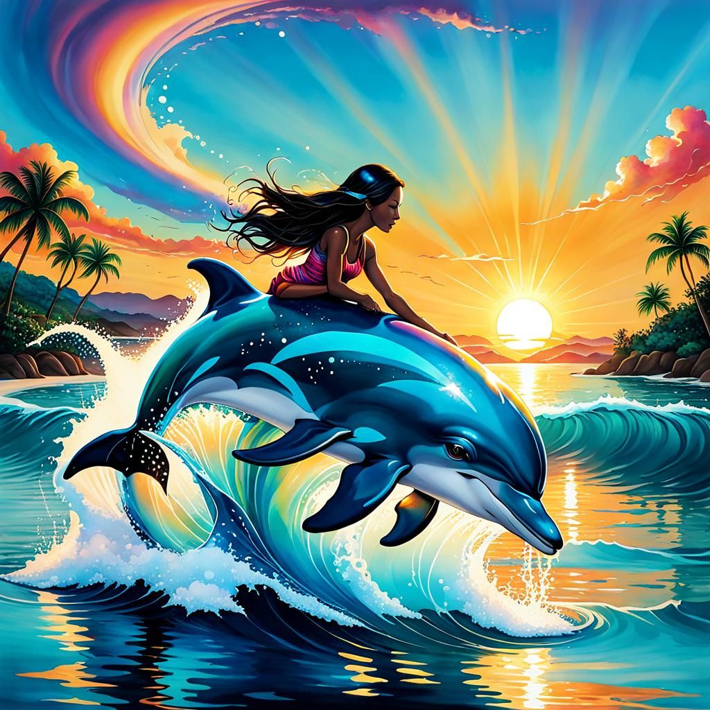 Adorable Dolphin Splashing Girl at Sunrise