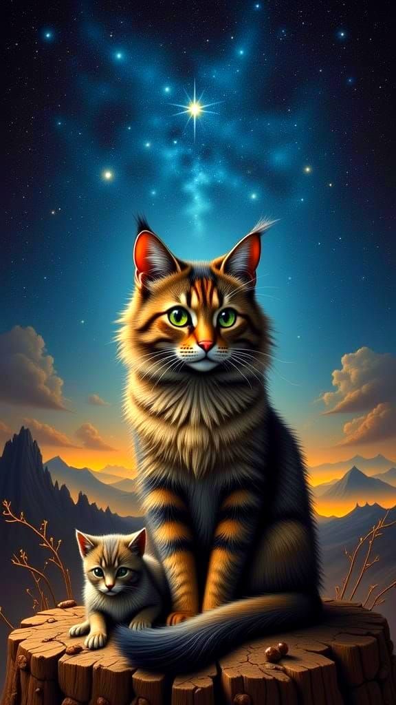 Steampunk Anthro Cat and Boy Under Starry Sky