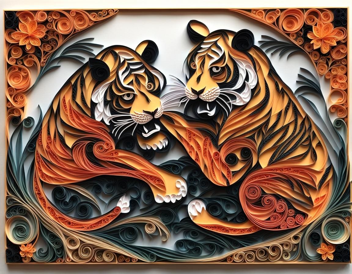 Tigers Fighting: Paper Quilling and Shadow Art