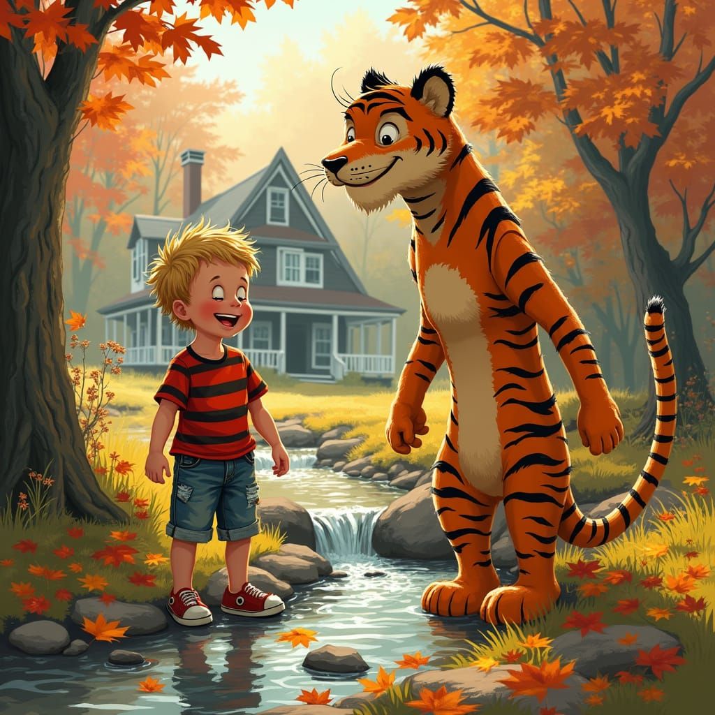 Whimsical Boy and Tiger Play in Autumn Forest