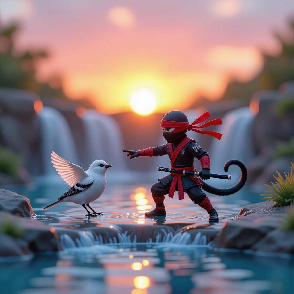 Snake Ninja Dances with Finch Singer at Pink Sunset