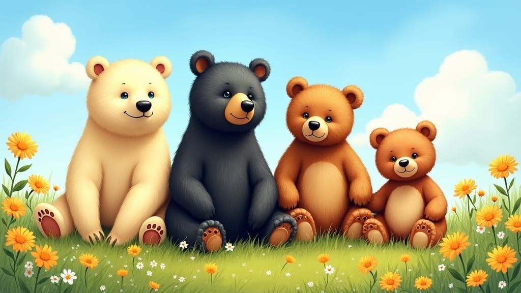 Four Bears in a Sunny Meadow, Watercolor Illustration