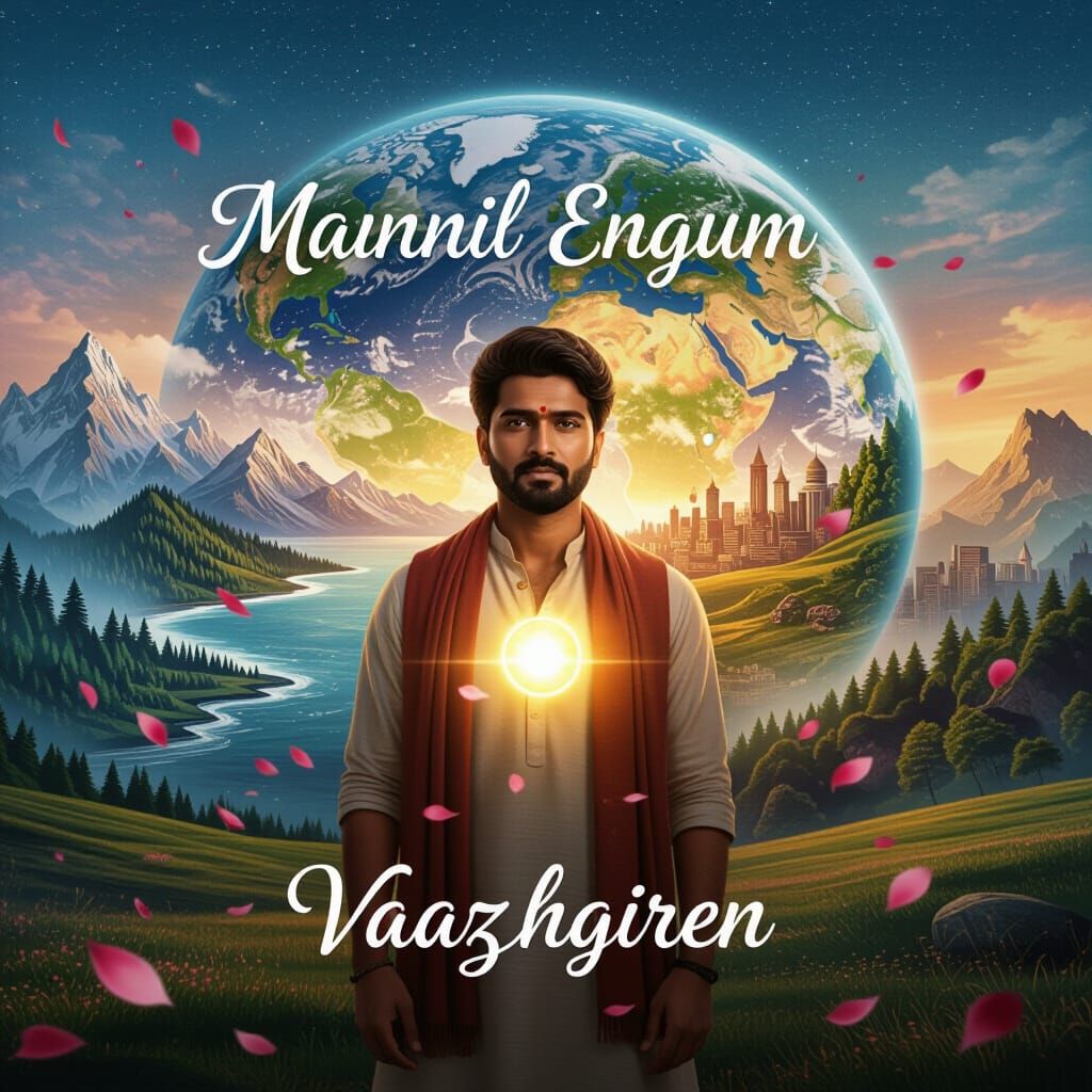 South Asian Man in Surreal Landscape with Glowing Orb