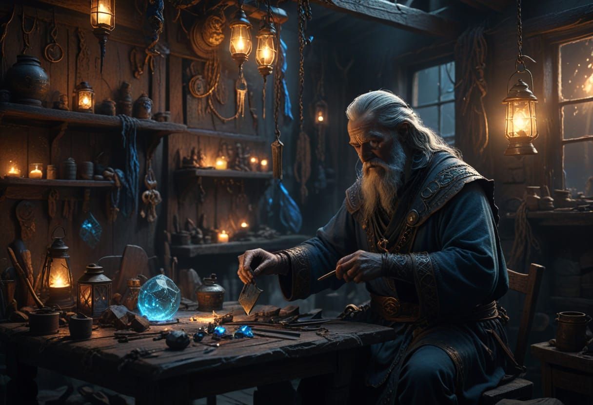 Ancient God Forges Magical Artifact in Dimly Lit Workshop
