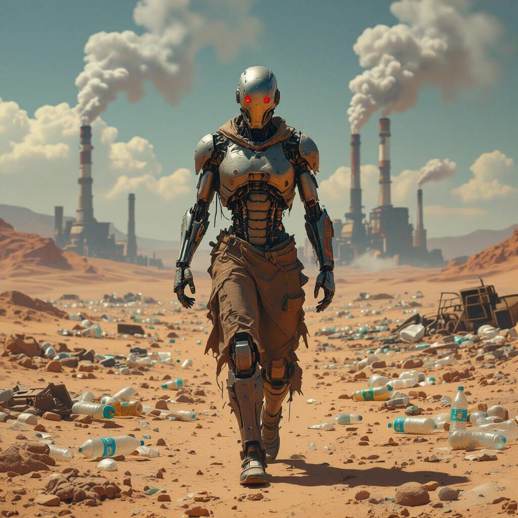 Dystopian Cyborg Walks Through Desolate Wasteland