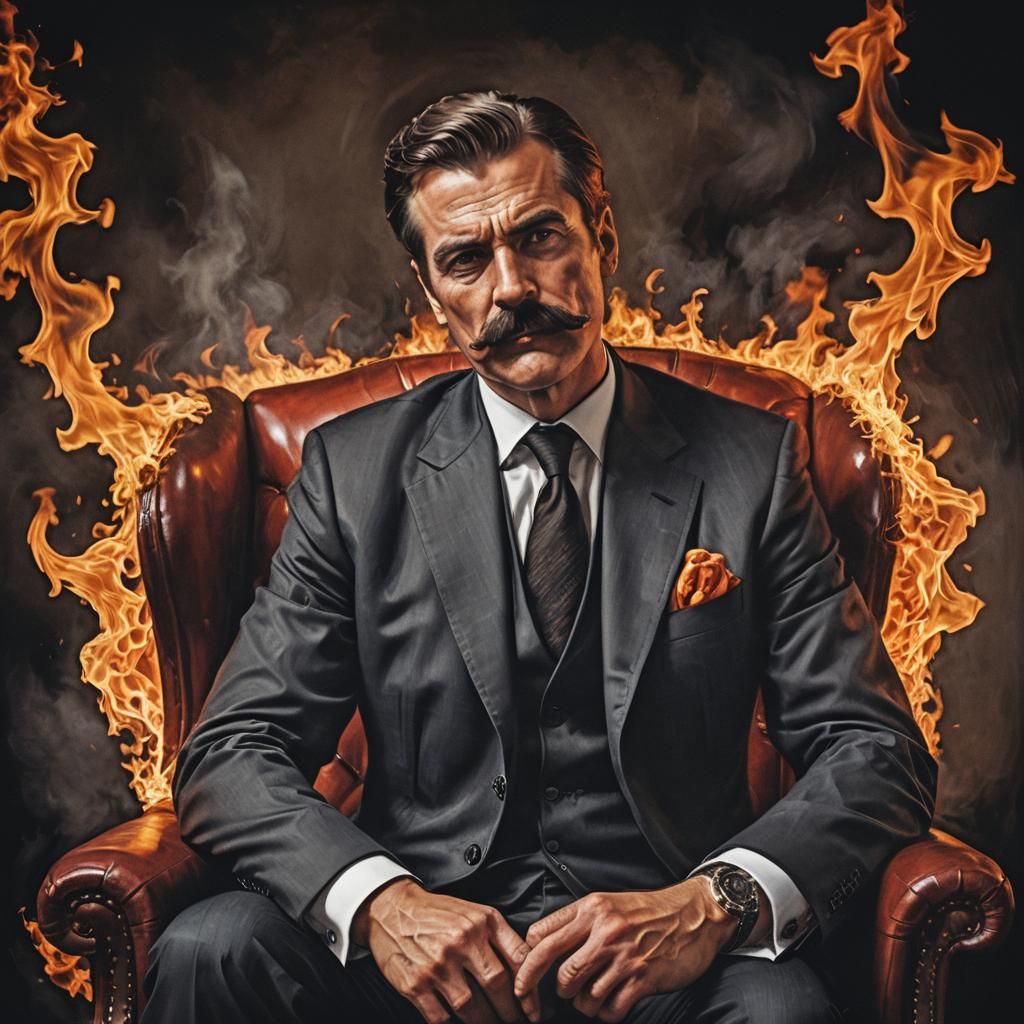 Fiery Portrait of a Moustached Man in Suit