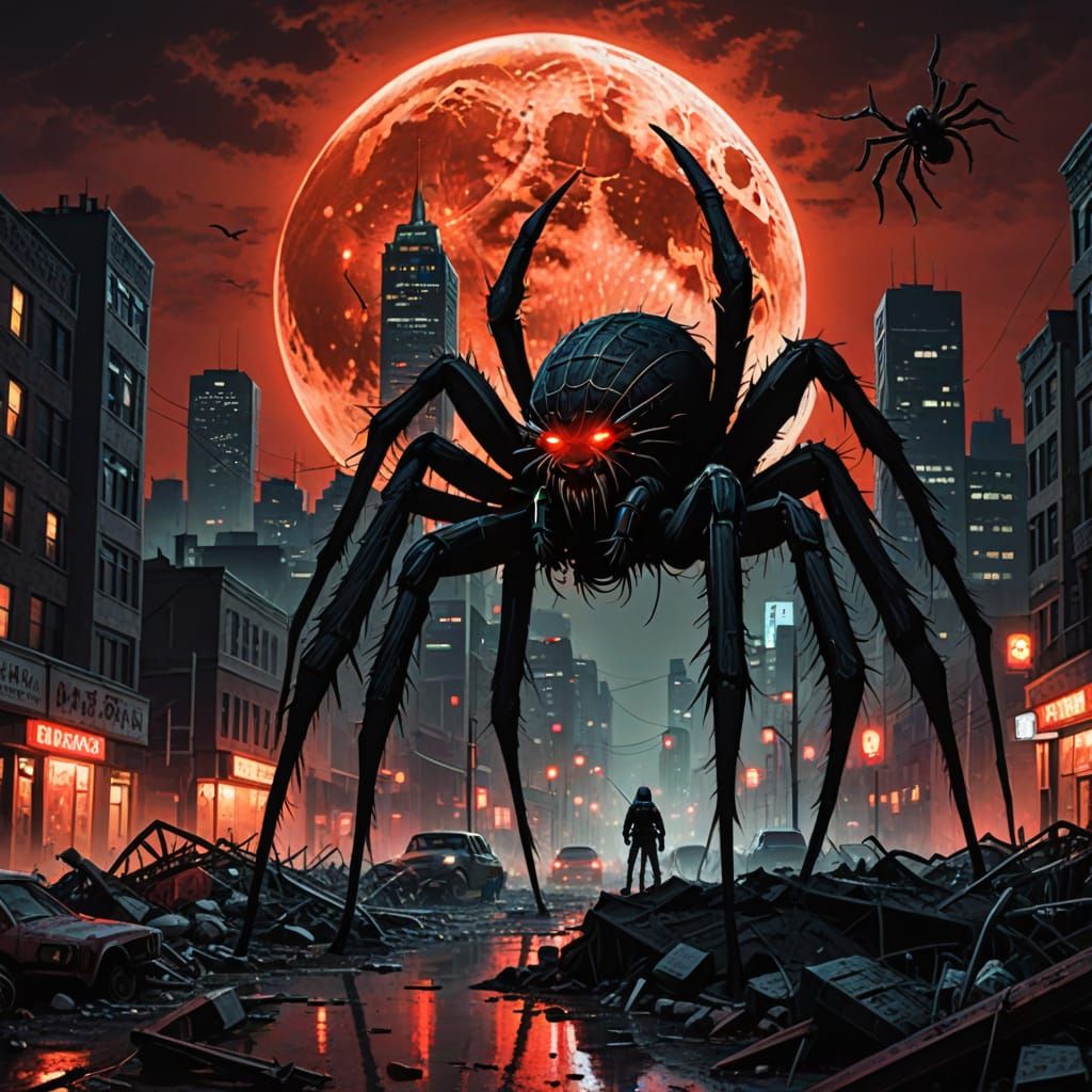Giant Spider in Apocalyptic City Under Blood Moon