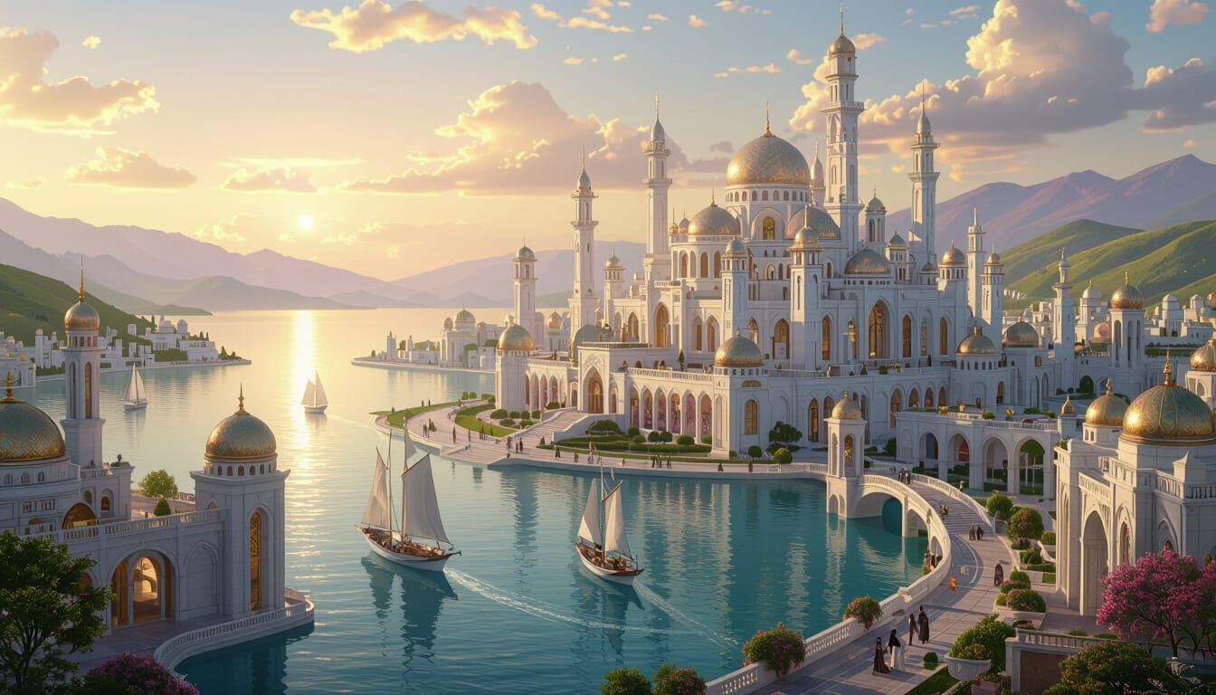 Majestic Dream City Celephaïs Under Golden Sunrise