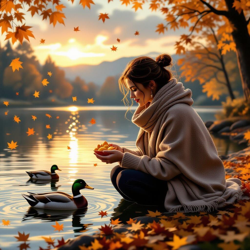 Autumnal Scene: Woman Feeding Ducks by Lake