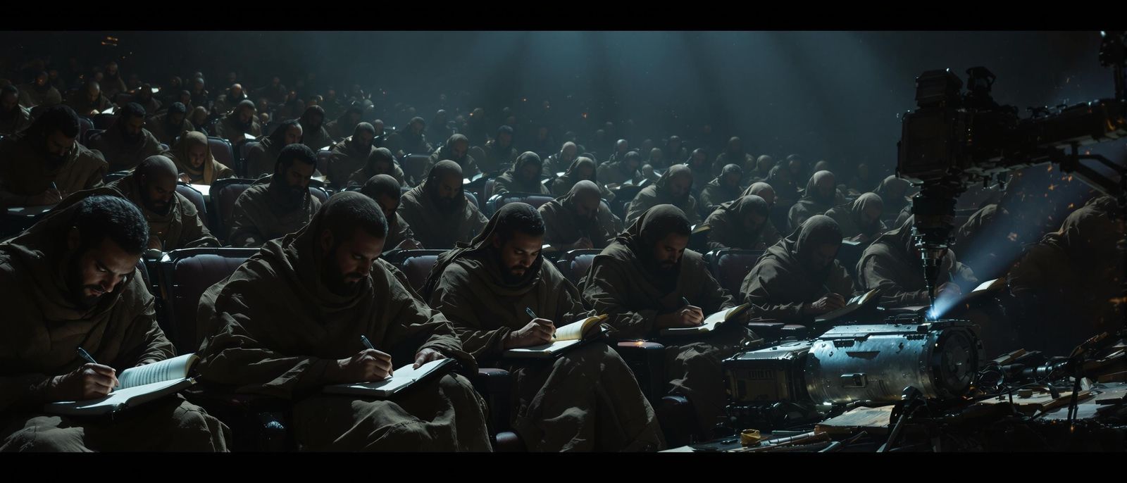 Scribes Illuminated in Flickering Light of a Forgotten Era