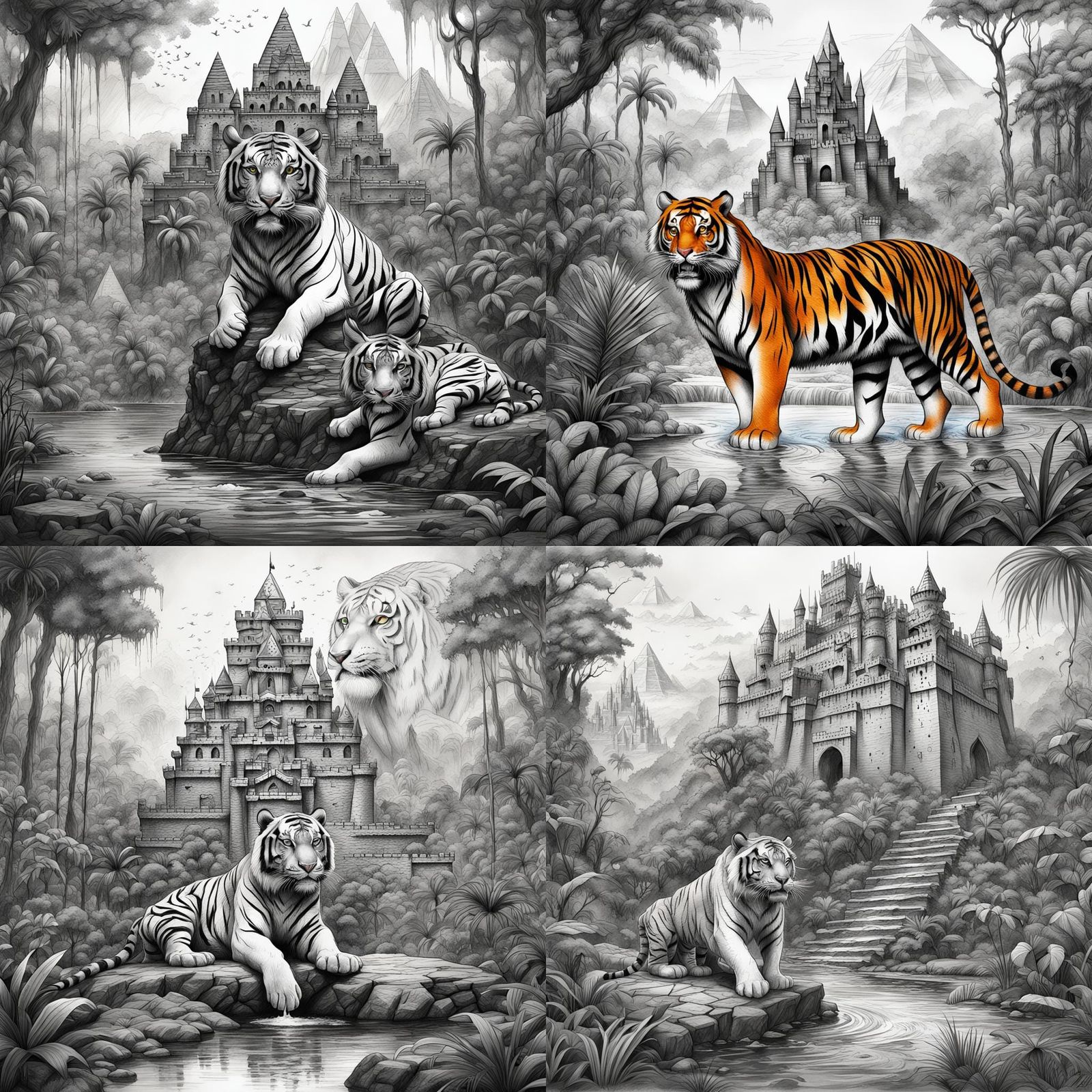 Tiger Tattoo Design with Jungle Castle in Ink