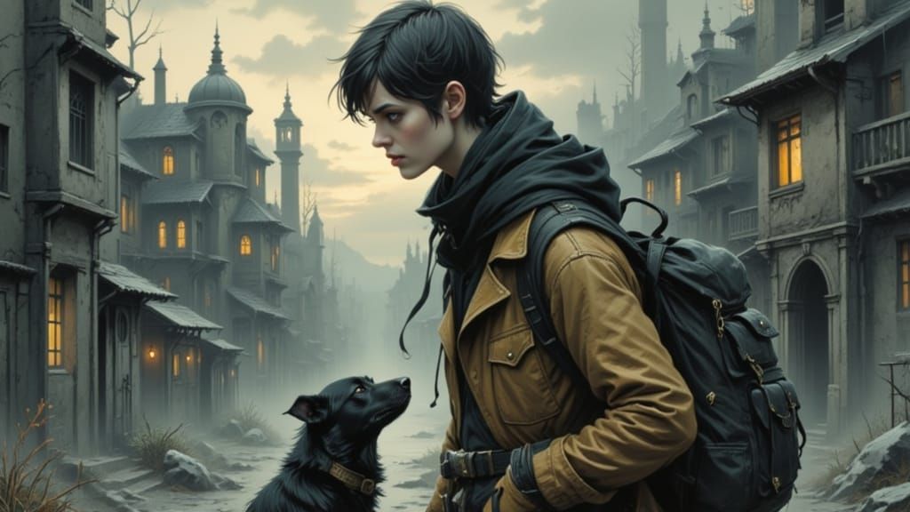 Wanderer Meets Mysterious Figure in Desolate Cityscape