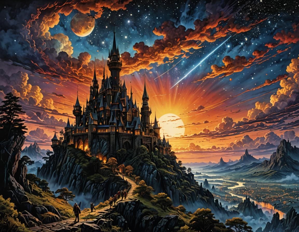 Dramatic Sunset Over Castle: Detailed Ink Drawing