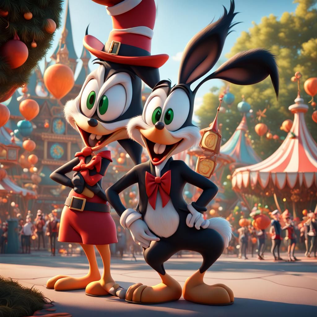 Looney toons characters in a  festive park