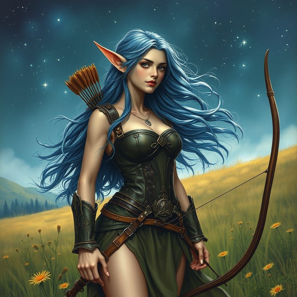 A elven woman with long blue hair, topless and standing in b...