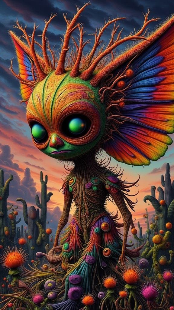 Man Dressed as Moth in Surreal Lightning Landscape