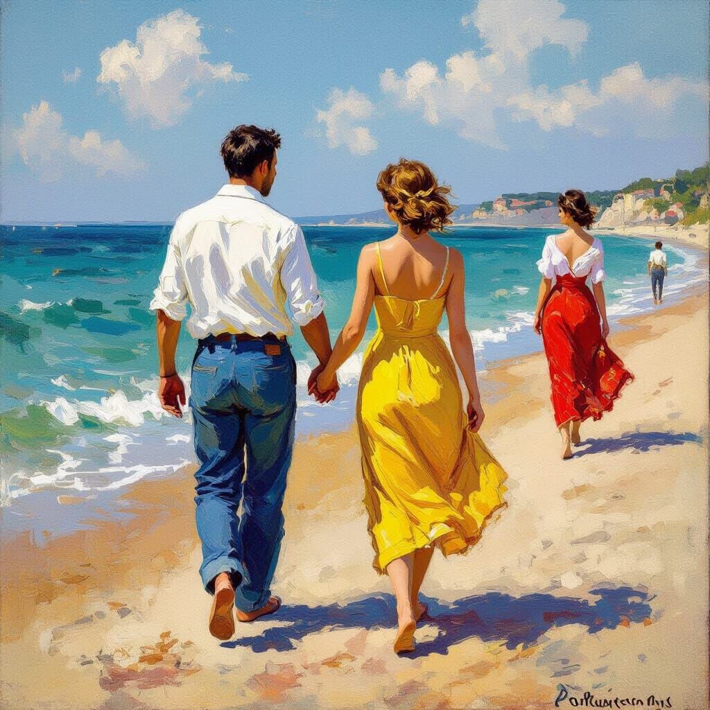 Impressionistic Beach Scene with Couple Walking