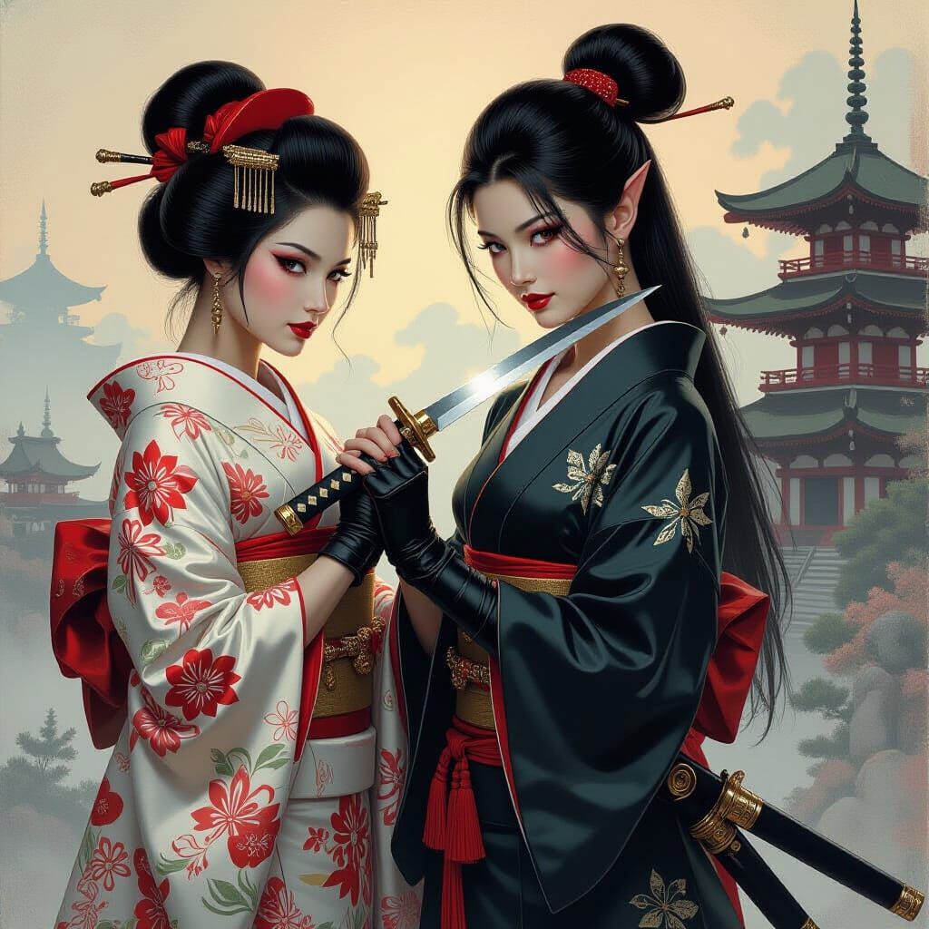 Elf Ninja Threatens Geisha: Fantasy Oil Painting