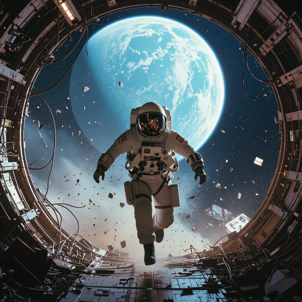 Astronaut Leaping Through Destroyed Spaceship in Space