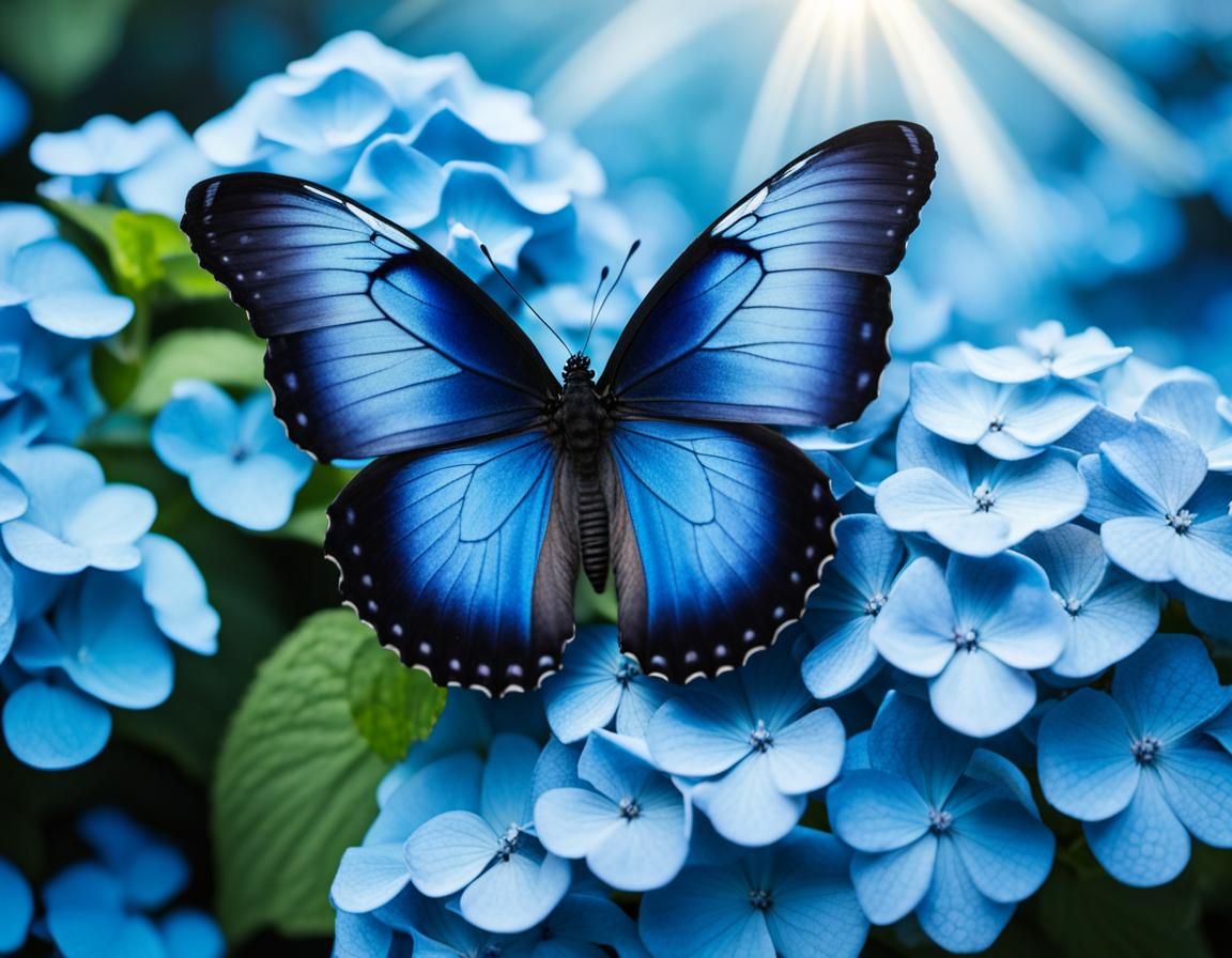 dark blue butterfly with black edges on blue hydrangea