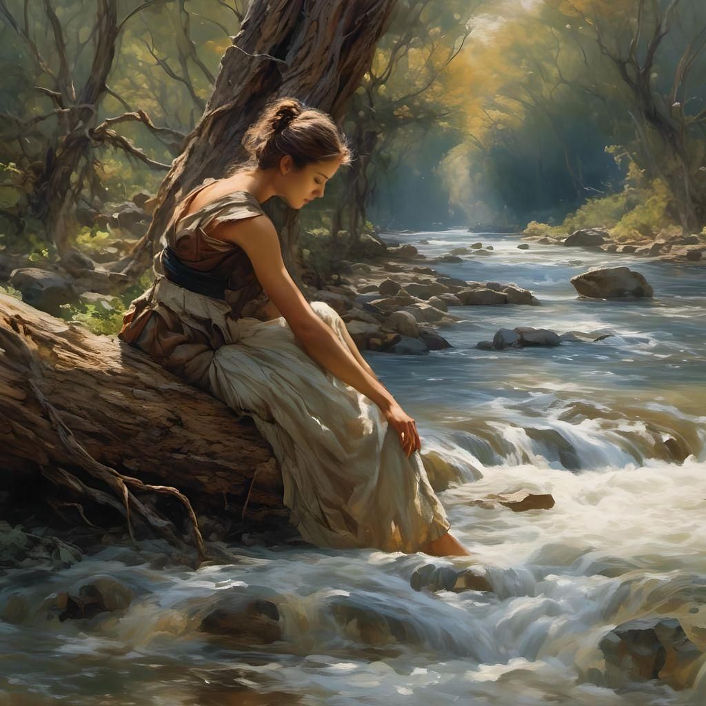 Woman Resting by River in Hyperreal Style