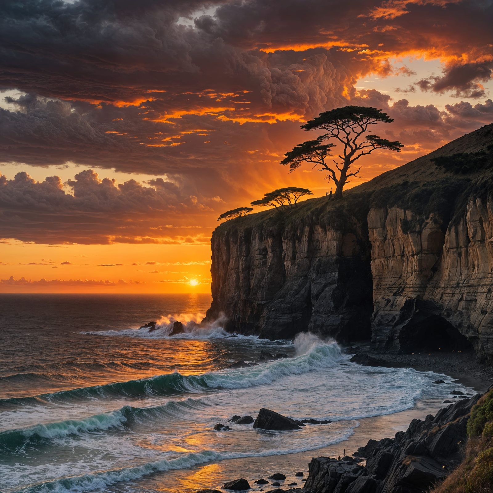 Dramatic Sunset Over Endless Sea From Massive Cliff