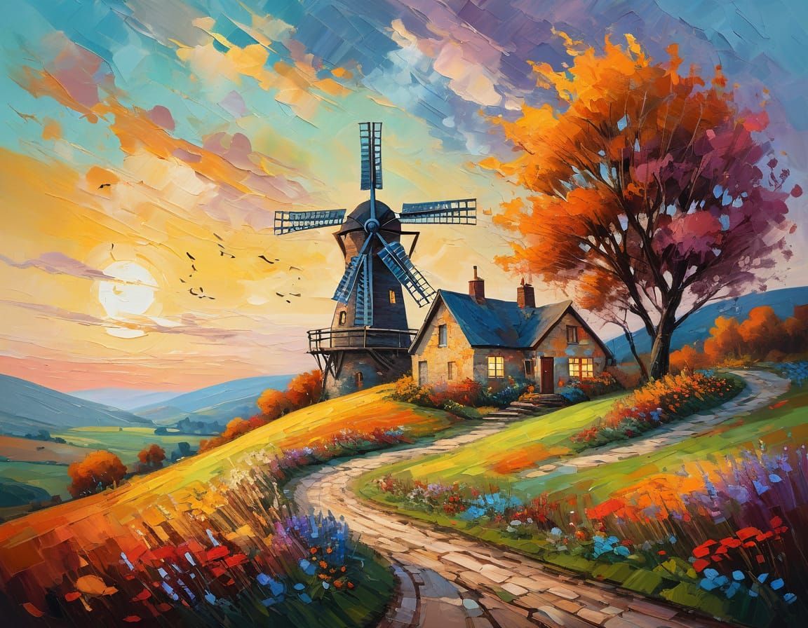 Autumn Windmill Landscape in Expressionist Impasto Style