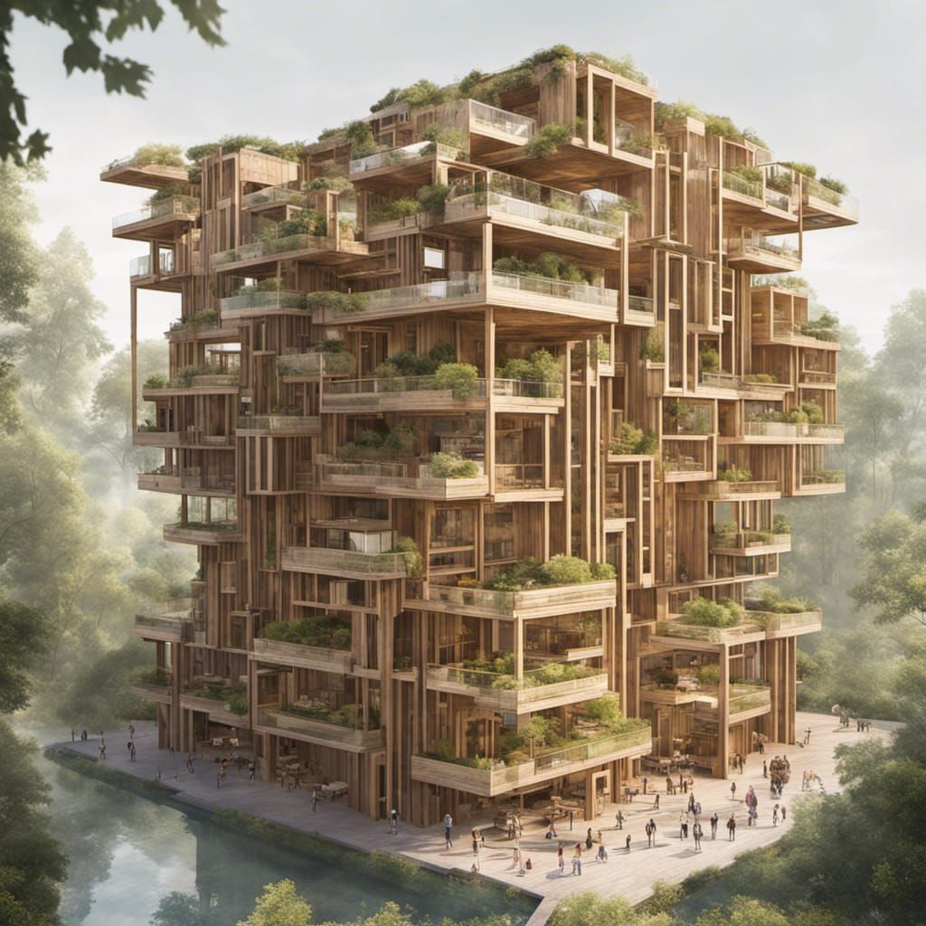 Towering Timber Arcology in Watercolor Style