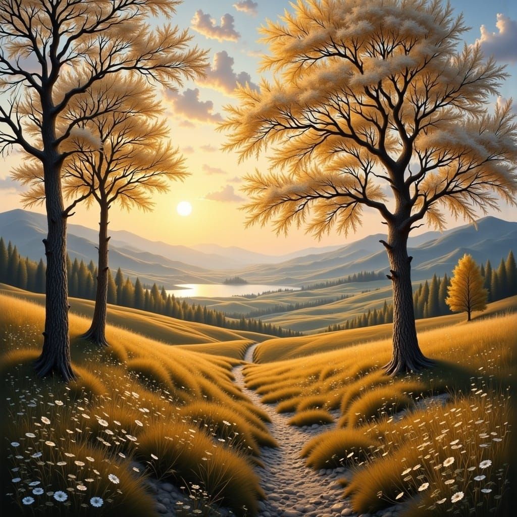 Impressionist Dreamscape with Golden Light and Serene Lake