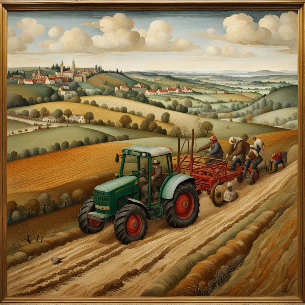 Tractor Plowing Field in Bruegel the Elder Style