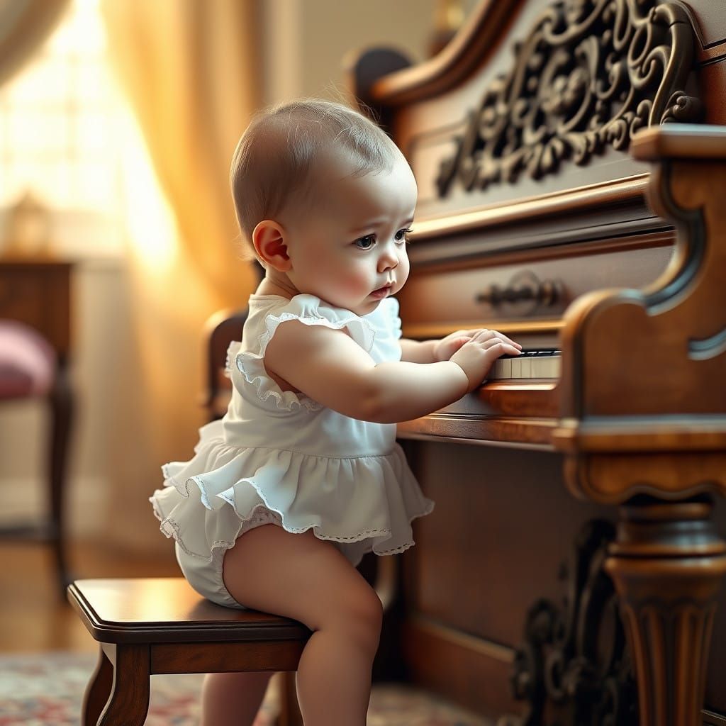 Baby Girl Discovers Piano in Whimsical Atmosphere