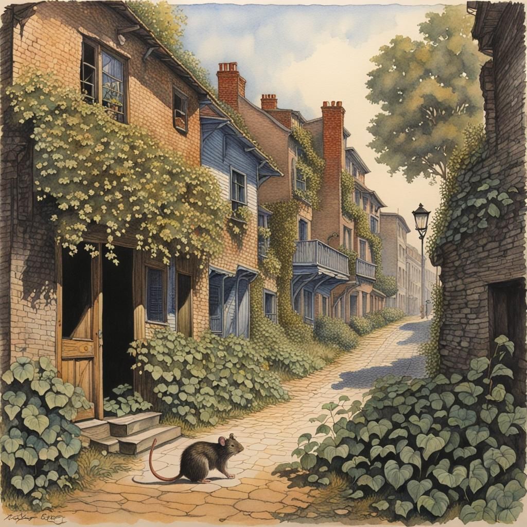 Desolate City Street with Mouse in Watercolor Style