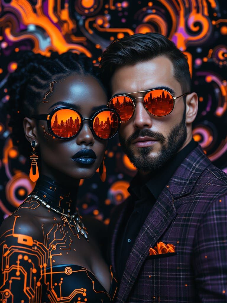 Cybernetic Couple in Futuristic Cityscape