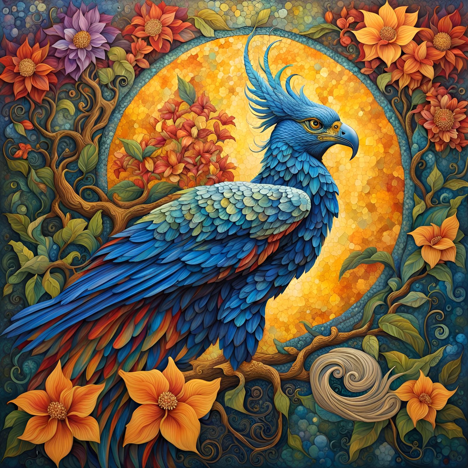 Mosaic Gryphon in Expressionist Art Nouveau Style