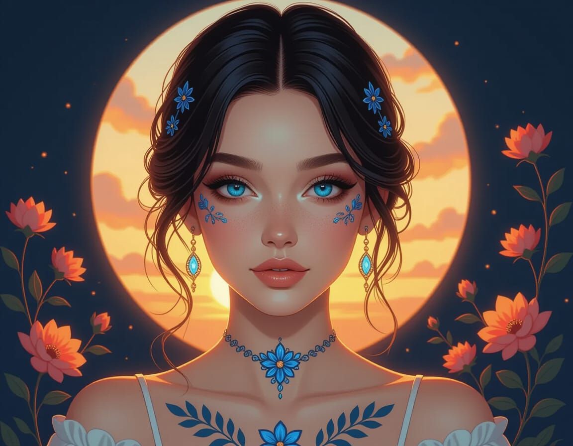 Serene Woman with Neon Blue Eyes and Blue Tattoos