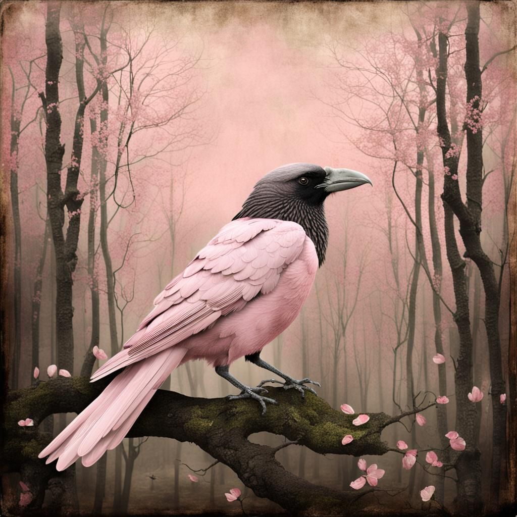 Pale Pink Crow in Woods, Surreal Illustration