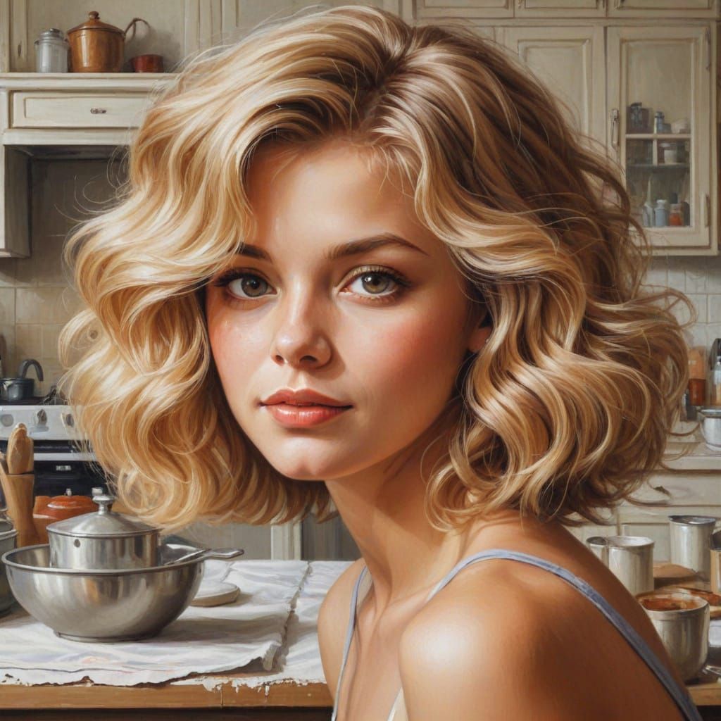 Sandy Blond Woman Prepares Morning Meal in Kitchen