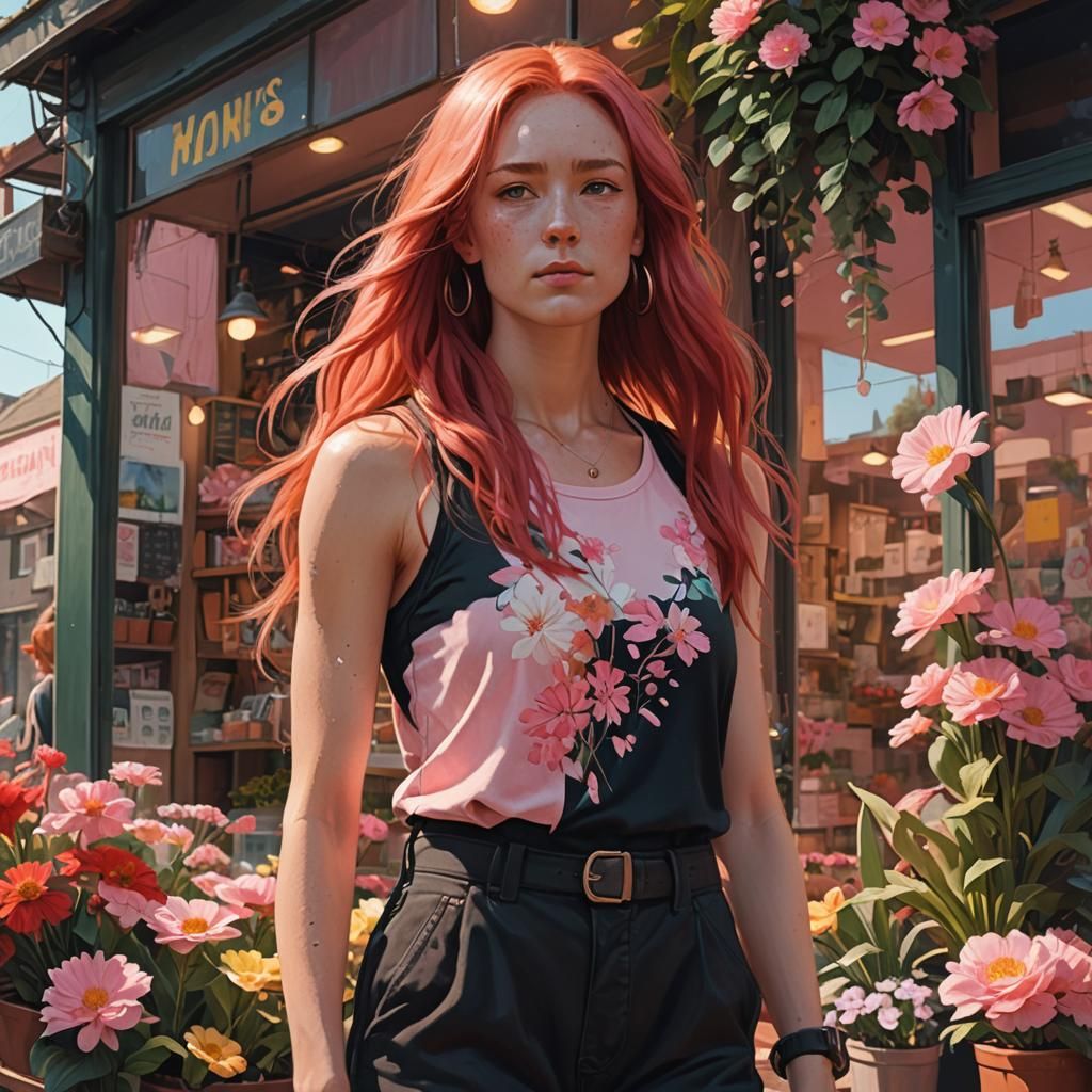 Girl at Flower Shop as Fantasy Concept Art