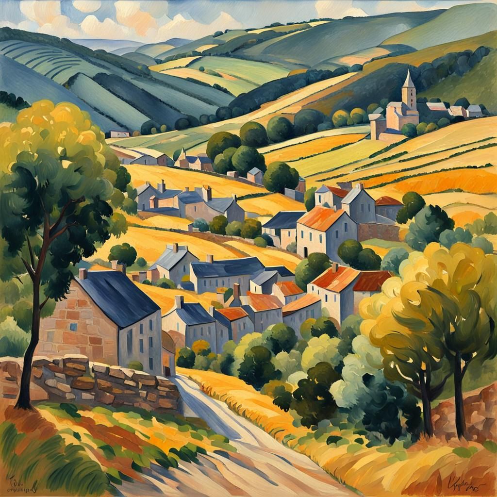 a breton landscape in the style and colors of cezanne