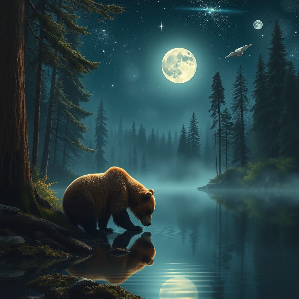 A Majestic Brown Bear at a Serene Moonlit Lake