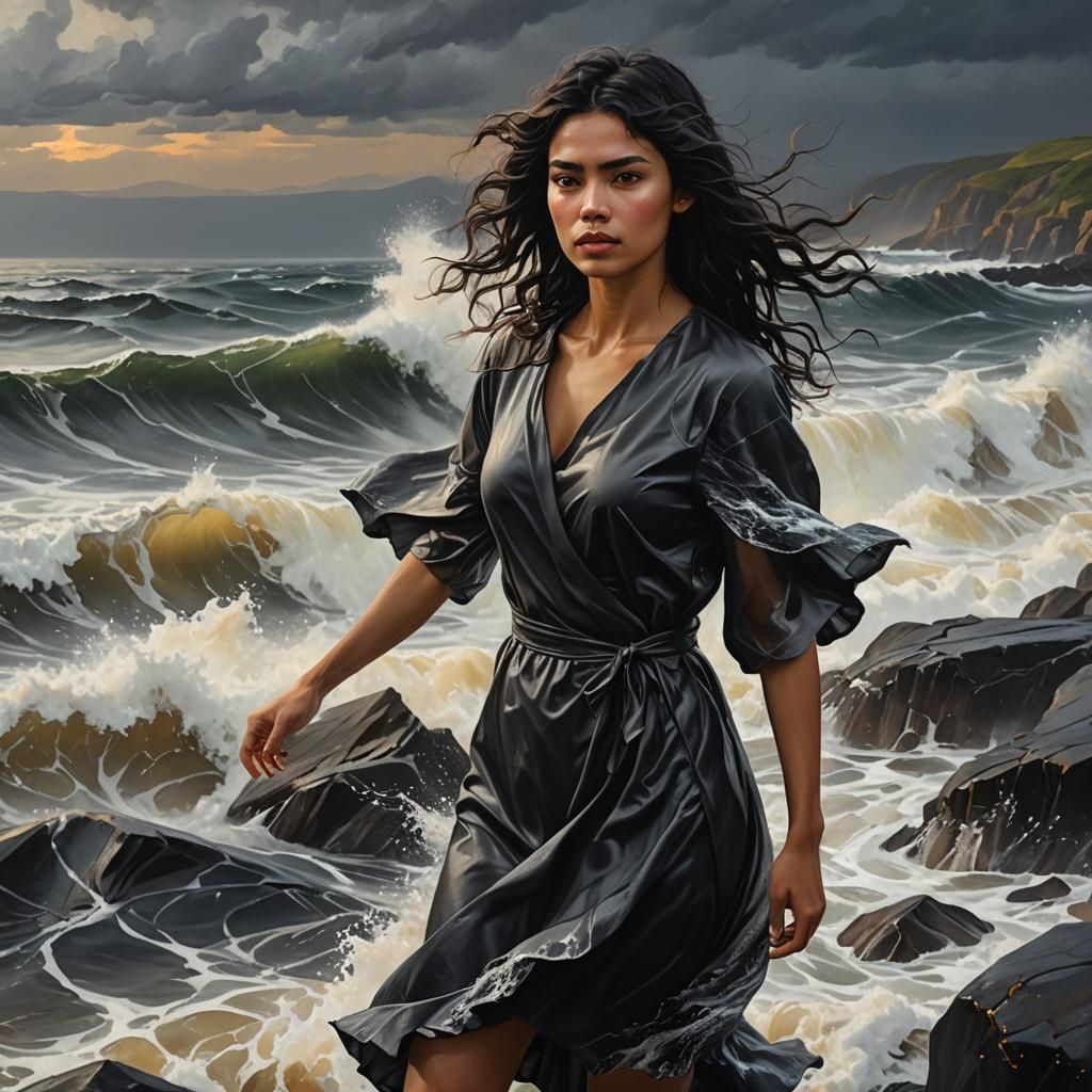 Girl in Ocean Storm: Hyper-Realistic Oil Painting