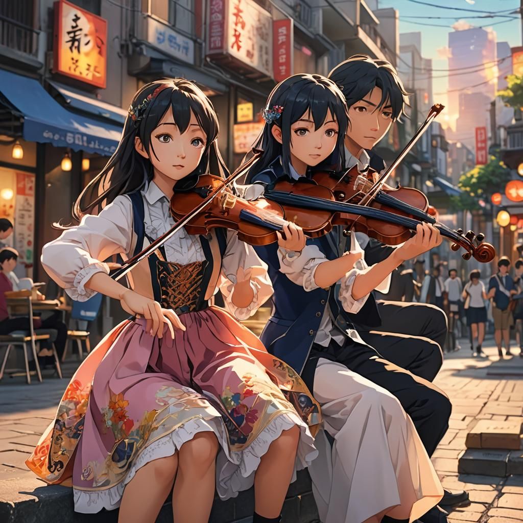 Anime Street Musicians Perform in Sunset Light
