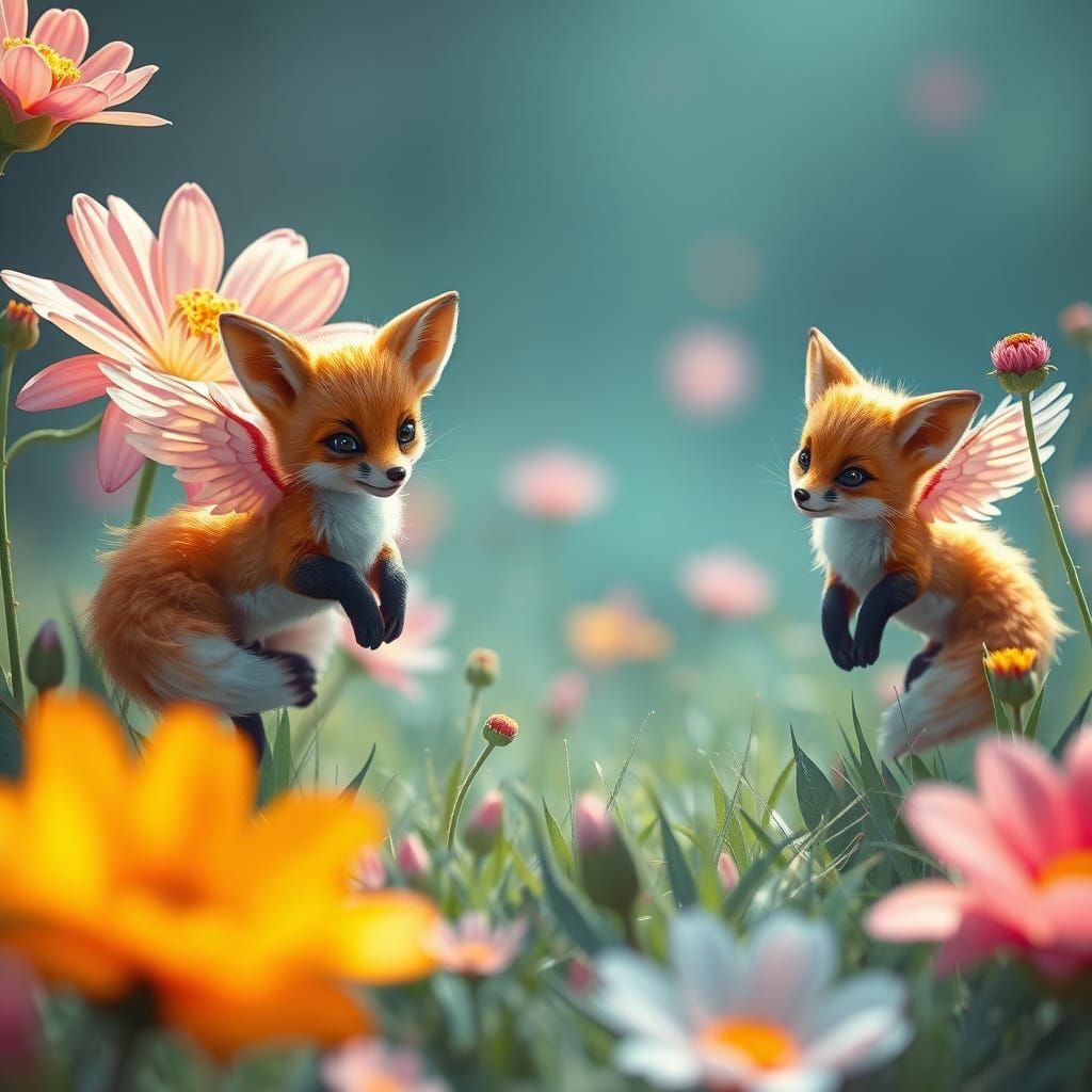Winged Foxes Frolic Among Shimmering Wildflowers