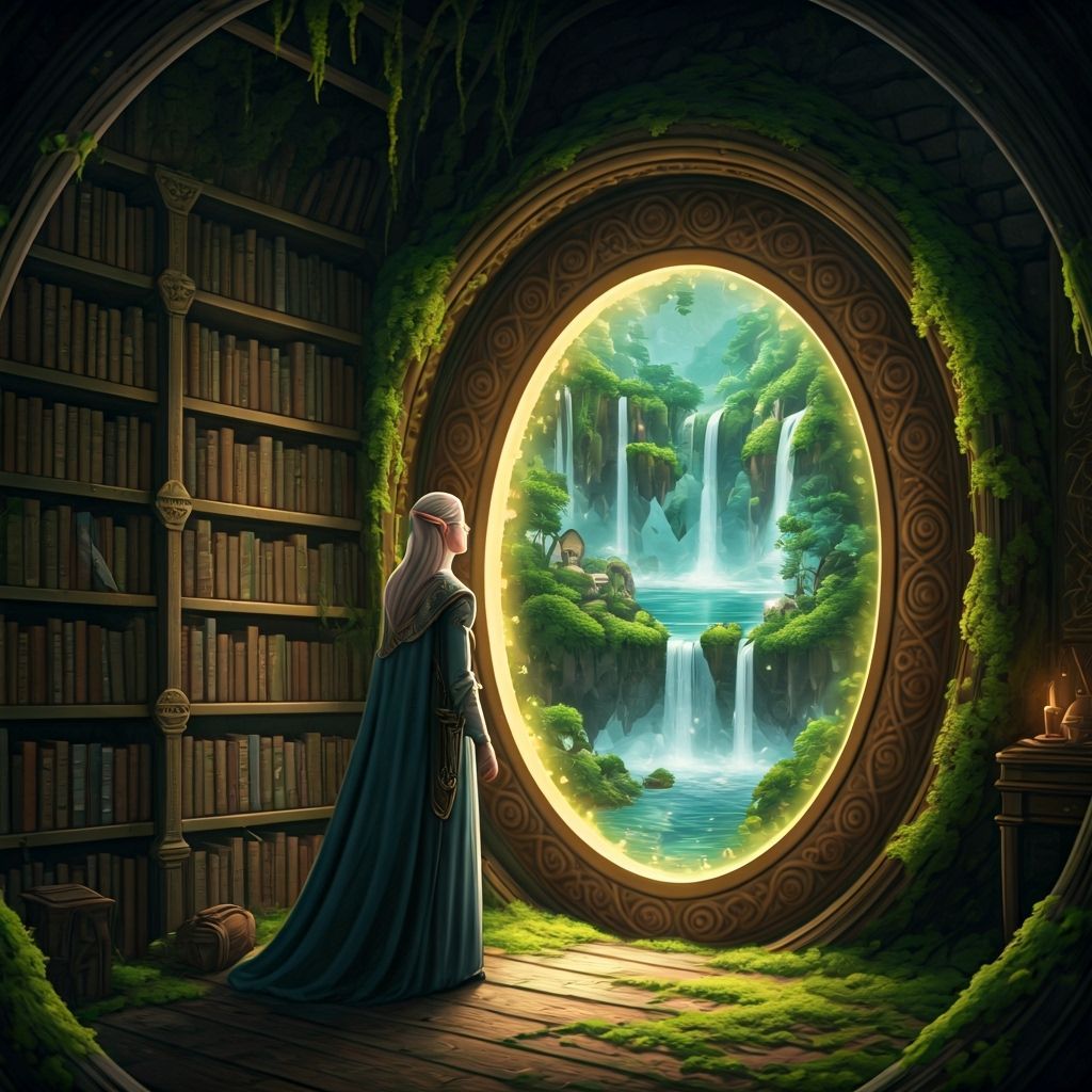 Elven Scholar Discovers Portal in Ancient Library