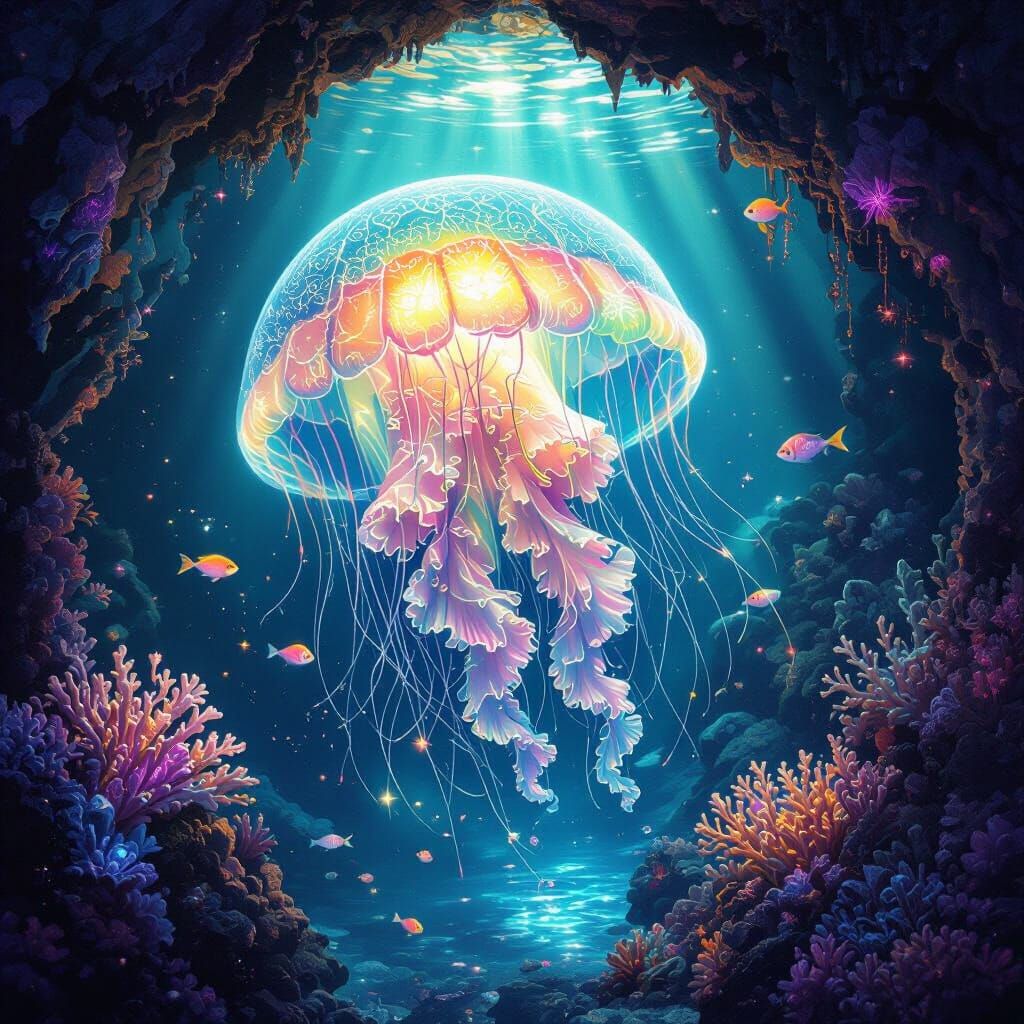 Bioluminescent Jellyfish in Grotto, Art Nouveau Style