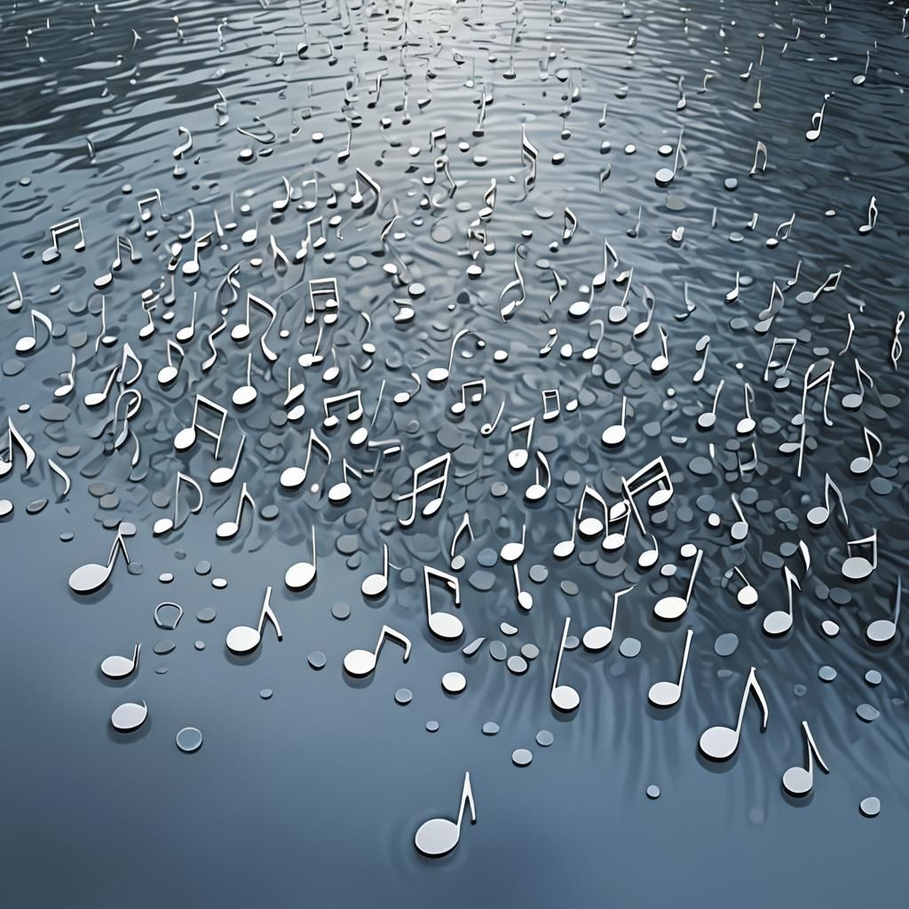 Silver Musical Notes Cascade into Calm Stream